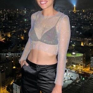 Zara rhinestone mesh long sleeve crop top